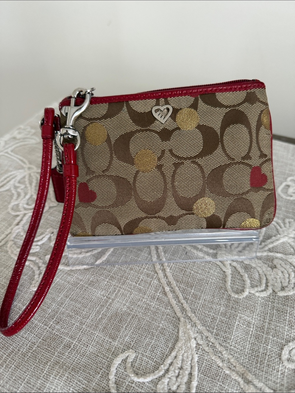 Coach Poppy Lurex Heart Signature Canvas Wristlet w/ Red Trim and gold tone Dots